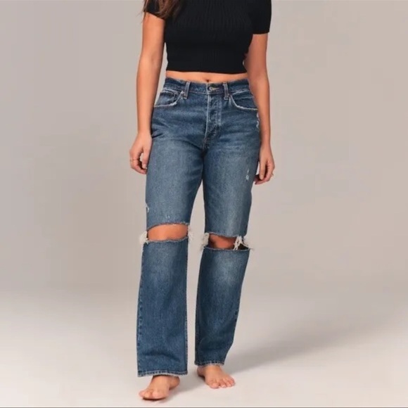 Abercrombie & Finch A&F Curve Love Low Rise 90s Baggy Jeans Dark Wash 37 24s - Picture 1 of 7
